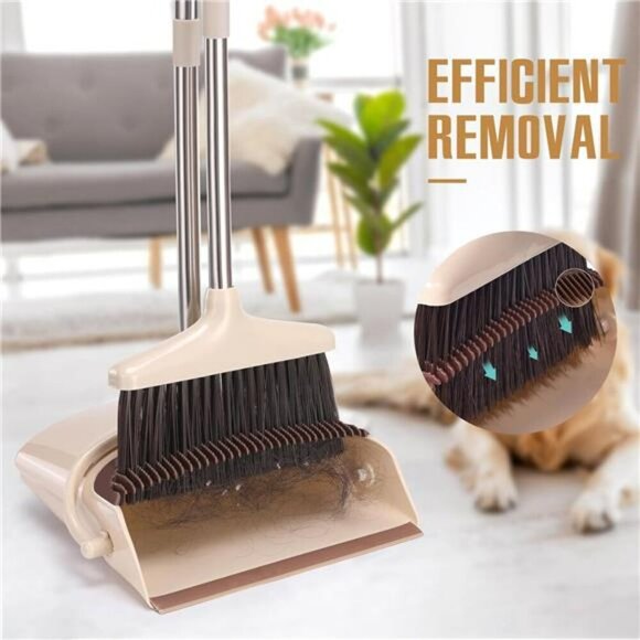 Long Handle Broom and Dustpan Set Upright Stand Pet Hair Kitchen Floor Cleaner - Picture 5 of 7